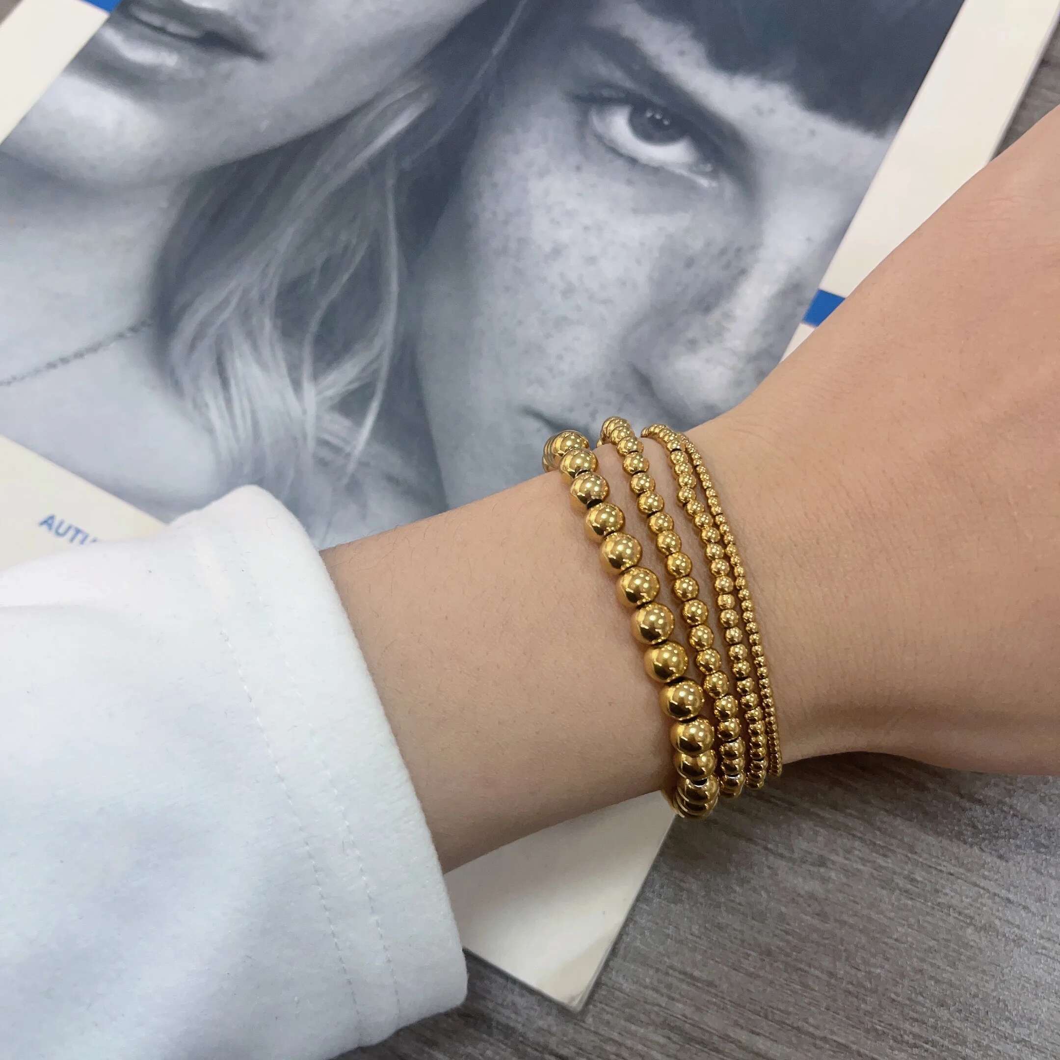MHS.SUN Trend Stretch Stainless Steel Bracelets Gold Sliver Color 2MM 5MM 8MM Stacked Ball Beaded Bracelet For Women Men Jewelry