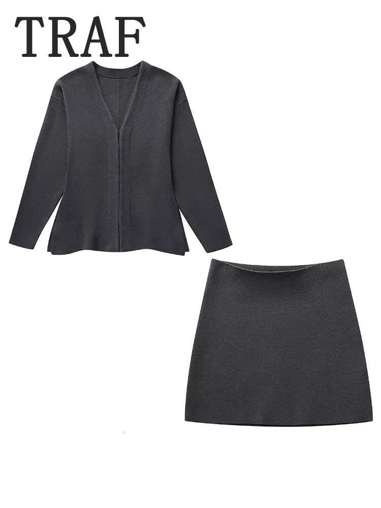 TRAF Mini Skirt Sets For 2 Pieces Knit Coat Suits New Two Piece Set Women Outfit Streetwear Clothing