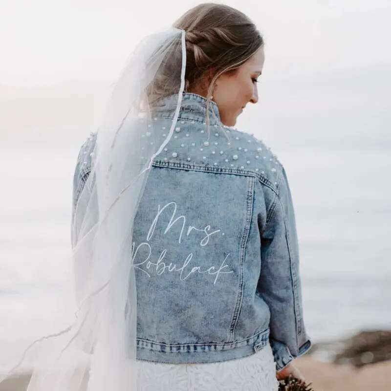 PERSONALIZED Statement Denim Bridal Name Pearl Detaig MRS Jacket Custom Date Placement On Collar Bride Gift New