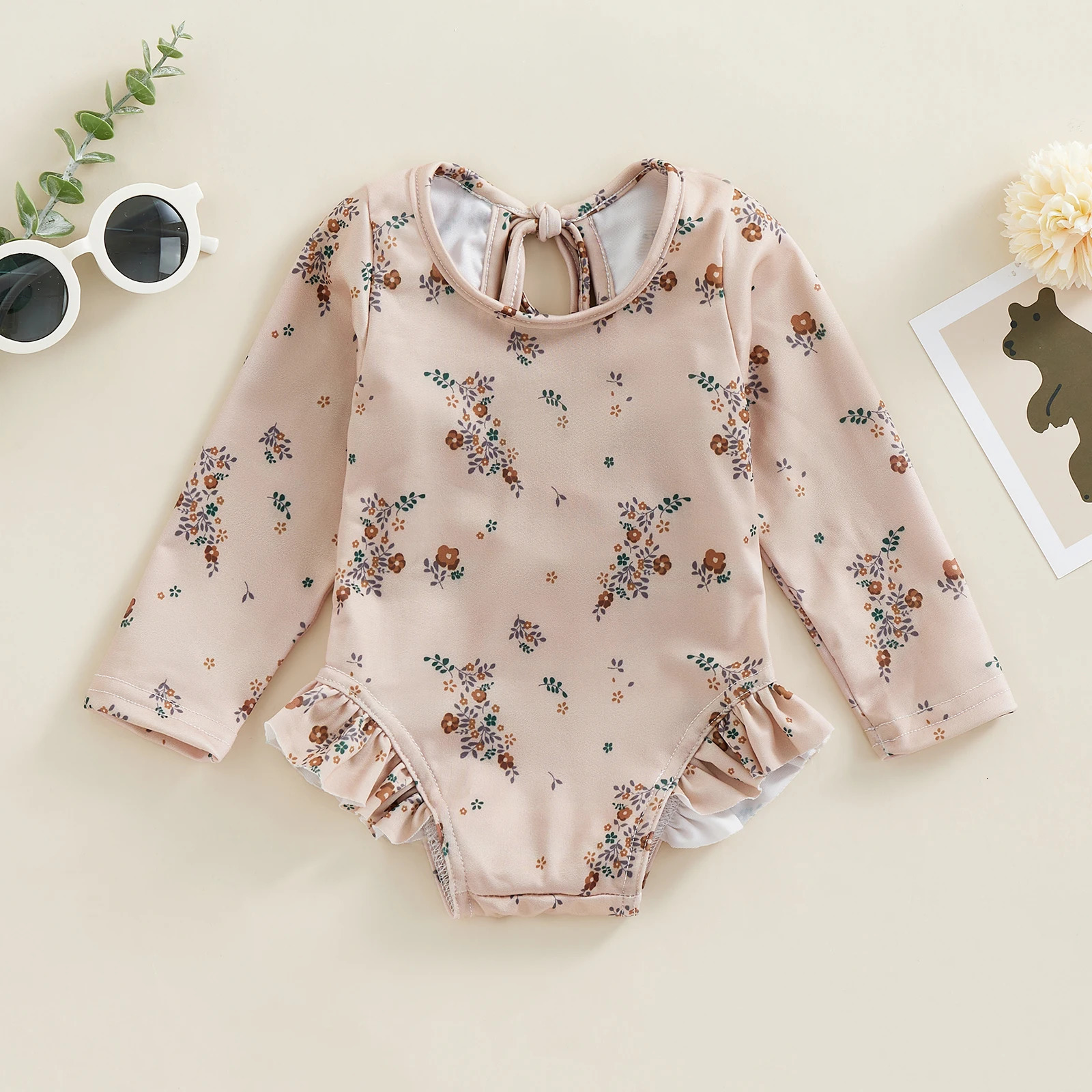 Kids Baby Girl Summer Swimwear Floral Print Backless Ruffles Long Sleeve Bodysuit Bathing Suit Girls Beachwear 0-4 Years 250303