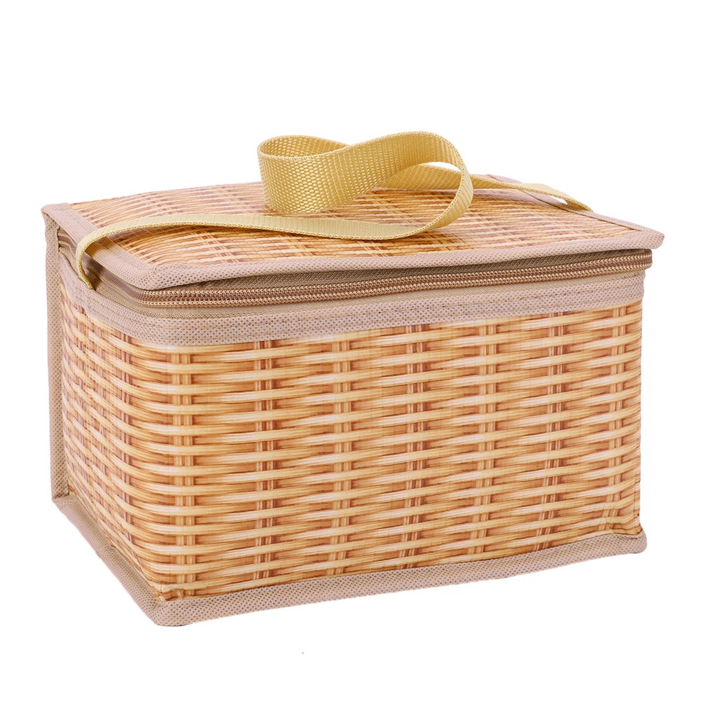 Ship from US Portable Wicker Rattan Outdoor Camp Picnic Bag Waterproof Tableware Food Container Baskets Insulated Thermal Cooler 250304FBB