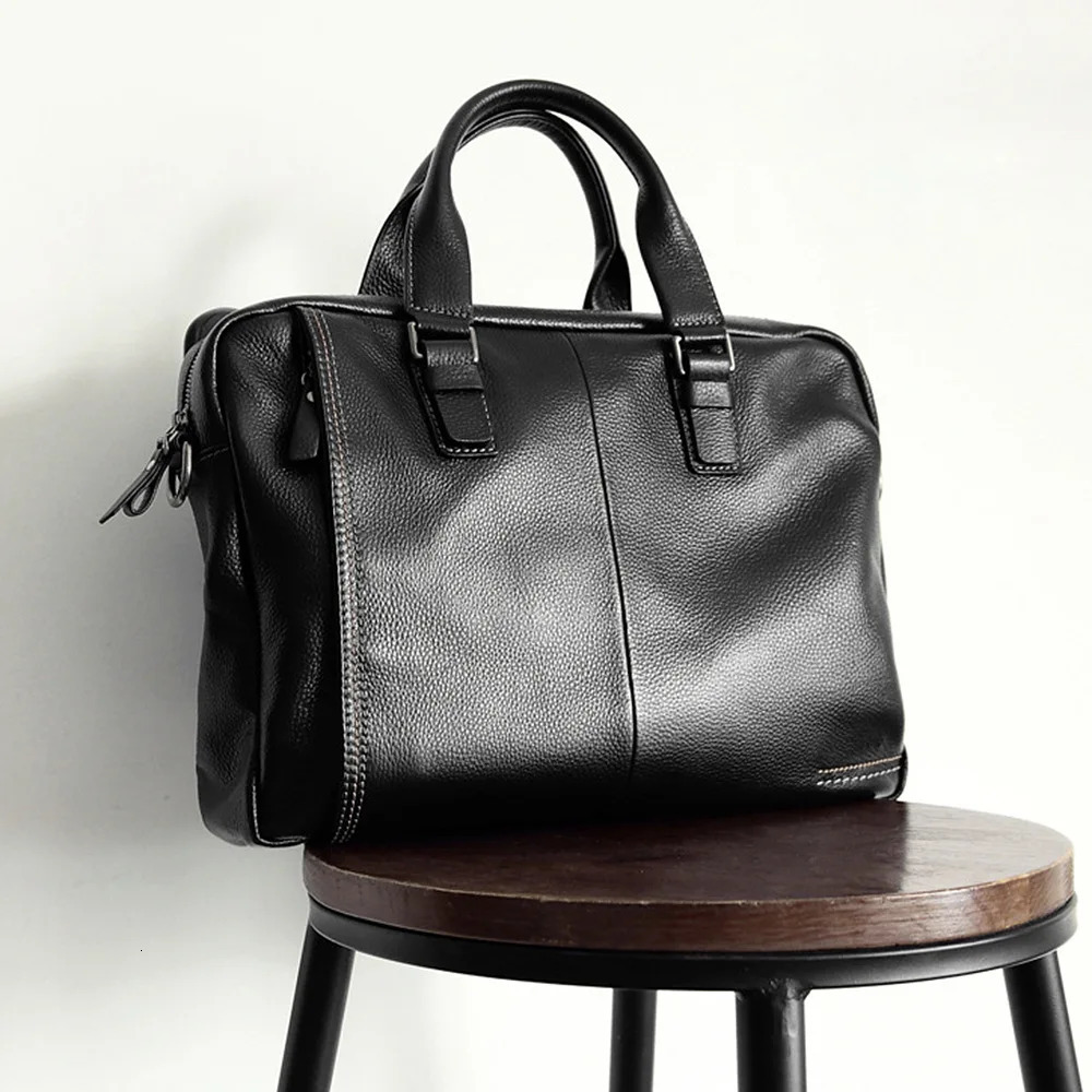 Natural Cowskin 100% Genuine Leather Mens Briefcase Fashion Large Capacity Business bag Black Male Shoulder Laptop Bag 250228