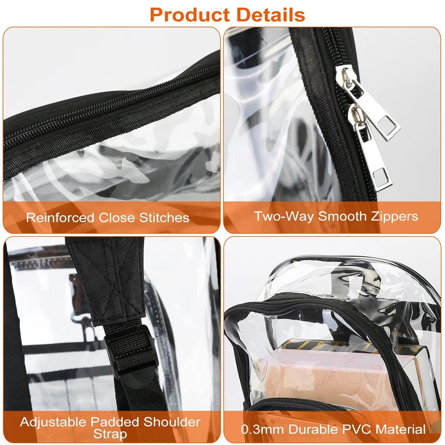 Ship from US Heavy Duty Large Clear Backpack for school | Waterproof PVC Book Bag with Reinforced Straps 53Gal Transparent Rucksack 250304FBB