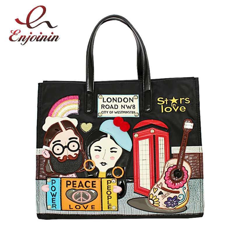 Cartoon Pattern Embroidery Nylon Shoulder Bag For Women Fashion Female Purses And Handbags Shopping Bags Ladies Designer Totes