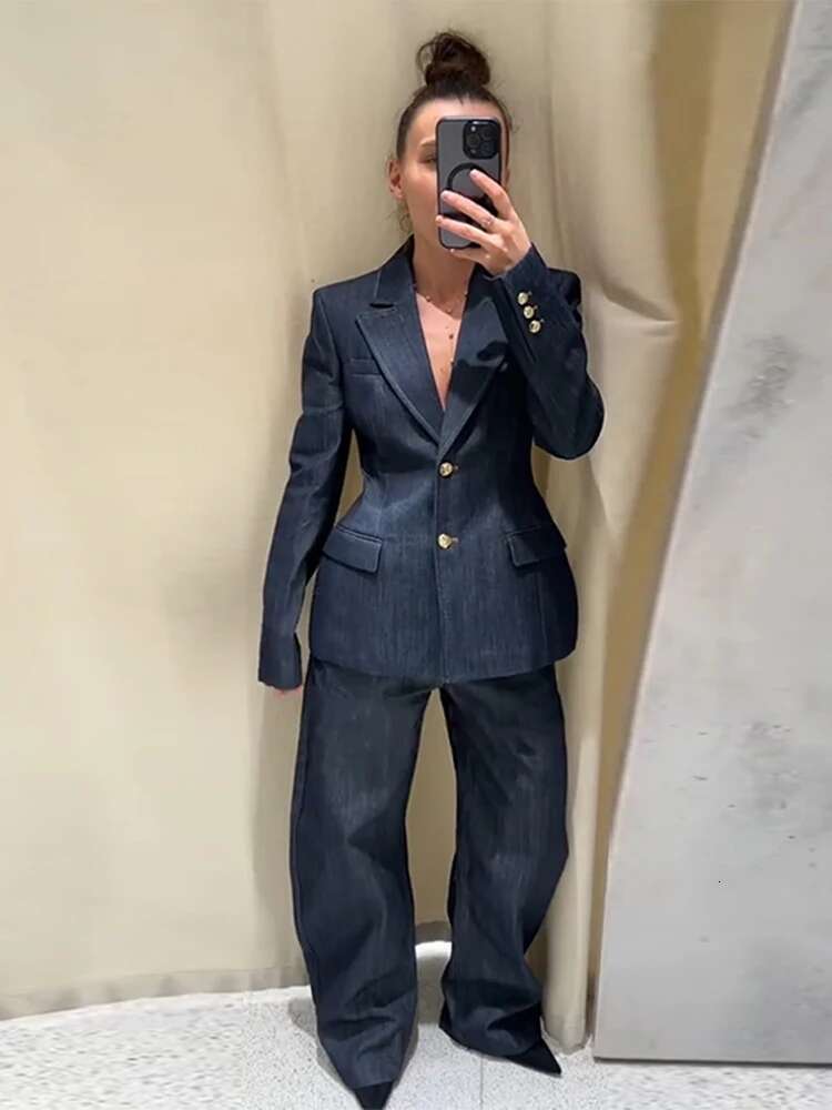 Casual Denim 3 Pieces Blazer Jacket Sets Women 2025 Spring Notched Suitss Coat Street Vest Wide Leg Pants Lady Suits