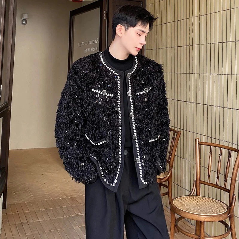 LUZHEN Faux Fur Patchwork n Jacket Trendy Sequins Spliced Thickened Coat Fashion Round Neck Niche Ed83 250304