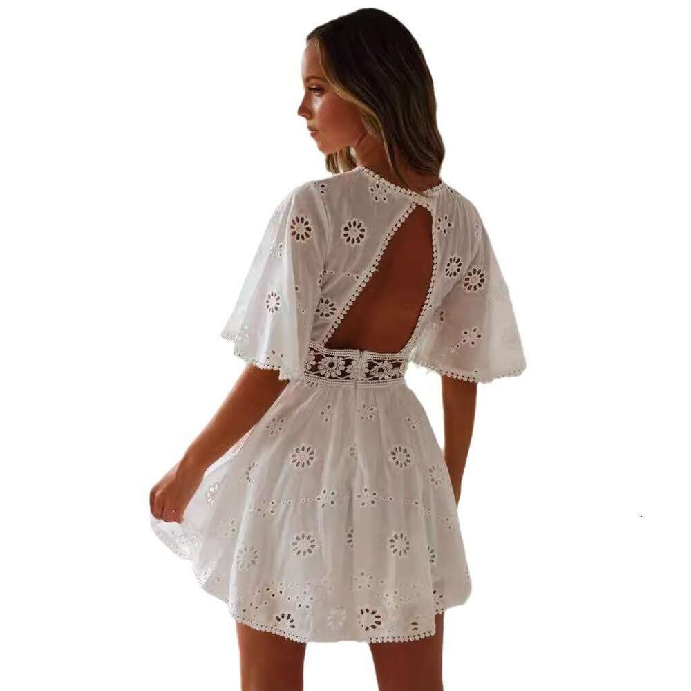 European and American summer sexy backless hollow tassel imitation cotton dress for women 2025 temperament versatile new trendy clothing ins