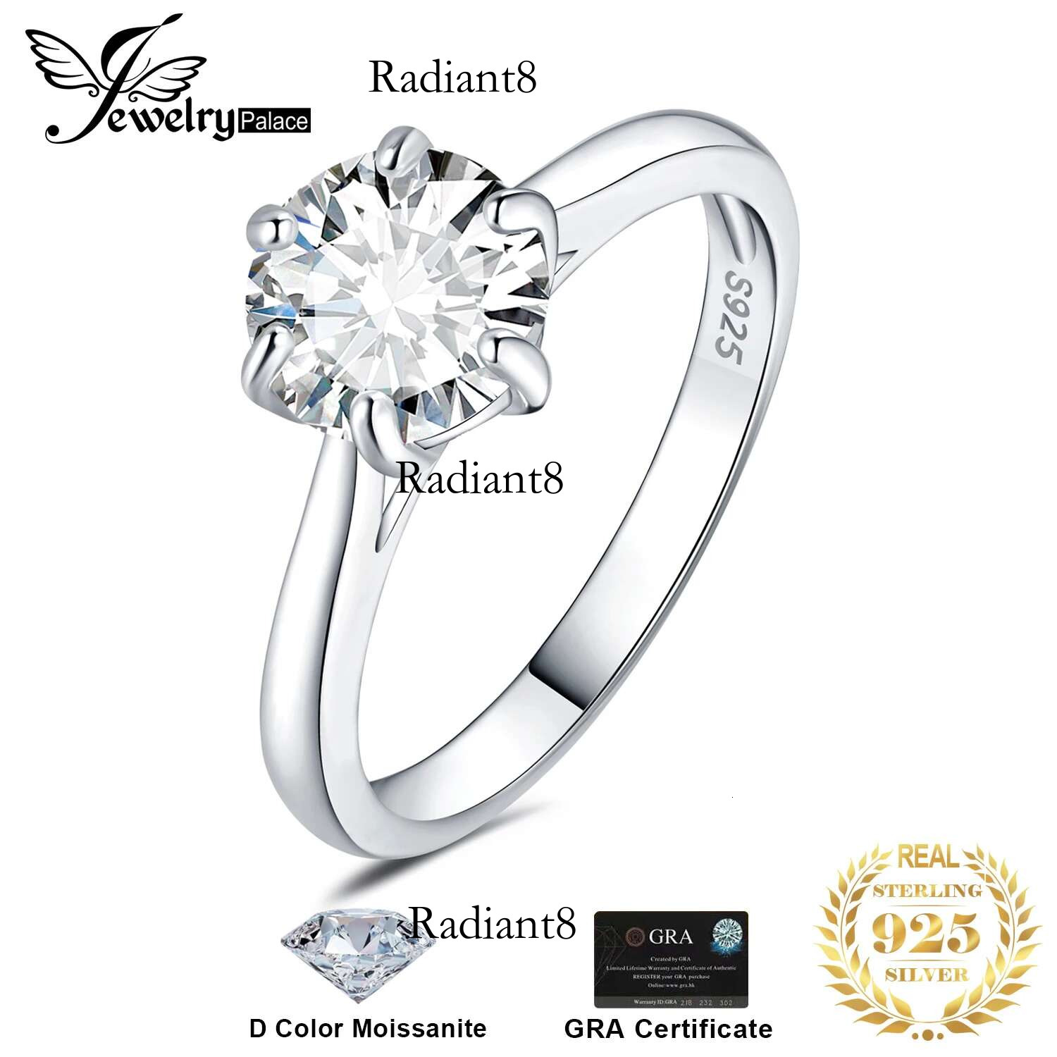 JewelryPalace Moissanite D Color 0.5ct 1ct 1.5ct 2ct Round Cut S Sterg Sier Solitaire Wedding Engagement Ring for Women