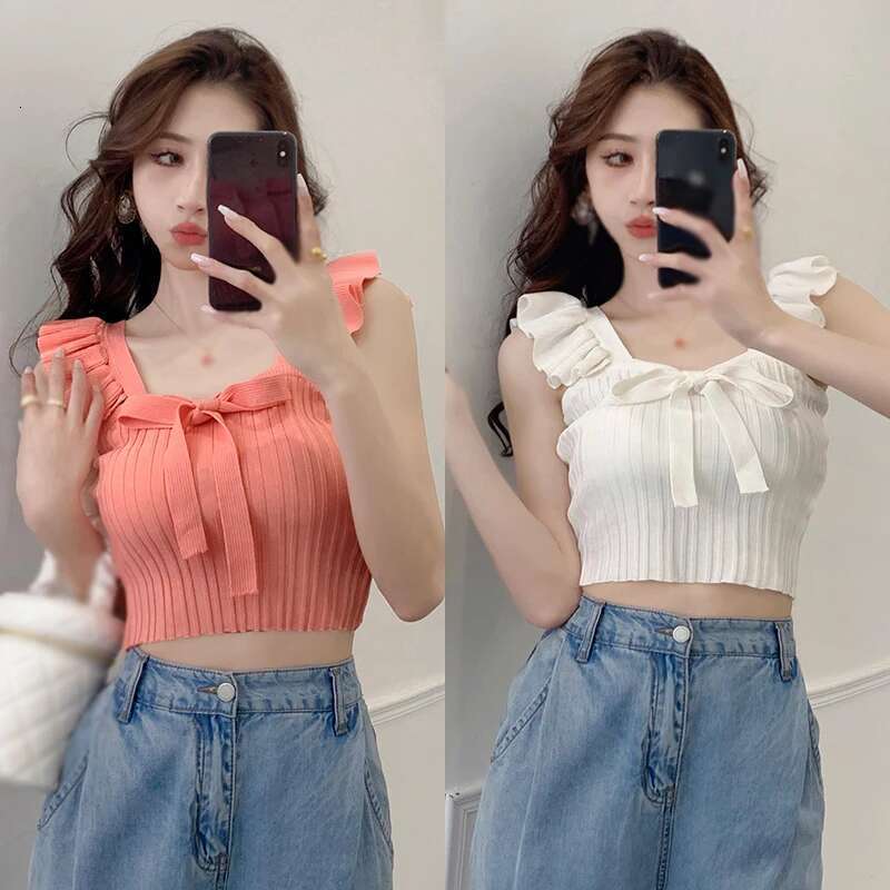 Version Square Korean Neck Bow Tie Slim Fitting With Fashionable Exposed Navel And Sweet Versatile Knitted Sleeveless Vest