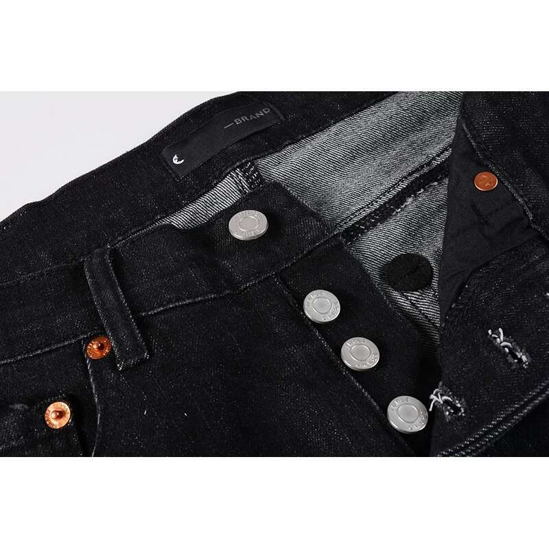 Americans High Street Style Distressed Classical Black Skinny Button Fly Destroyed Holes Slim Fit Graffiti Ripped Jeans