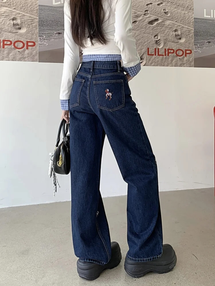 2024 Ropa Y2K Fashion Bow Dog Embroidery Bag Jeans Dress Deep Blue Straight Womens Denim Shorts 250227