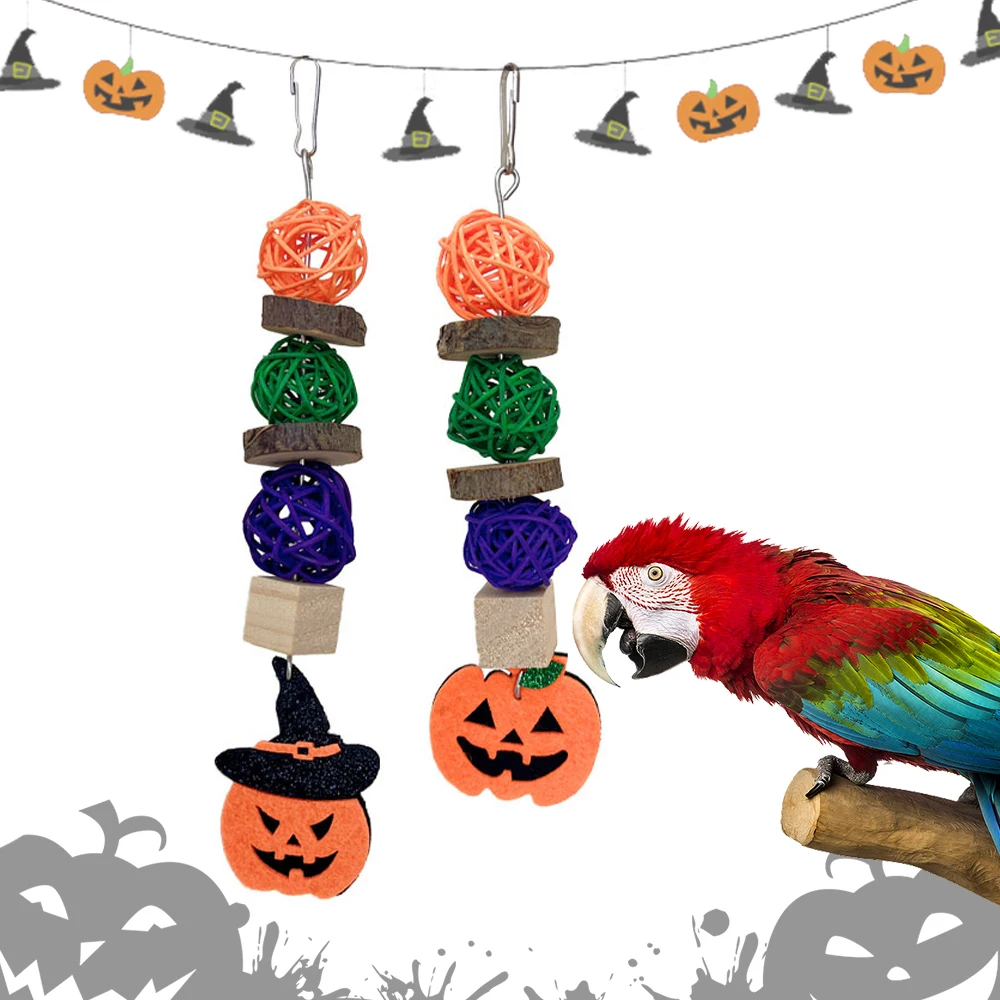 Halloween Parrot Chew Toy Applewood Rattan Ball Birds Bite Hang Toys Cockatiels Training Hang Swings Hamster Birds Cage Supplies