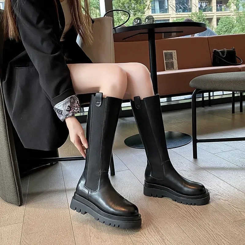 Ladies Shoes 2024 Knee-High Wens Boots Platform Modern Boots Wen Sewing Round Toe Back Zip Med Heel Shoes Fem Zapatos Z250304
