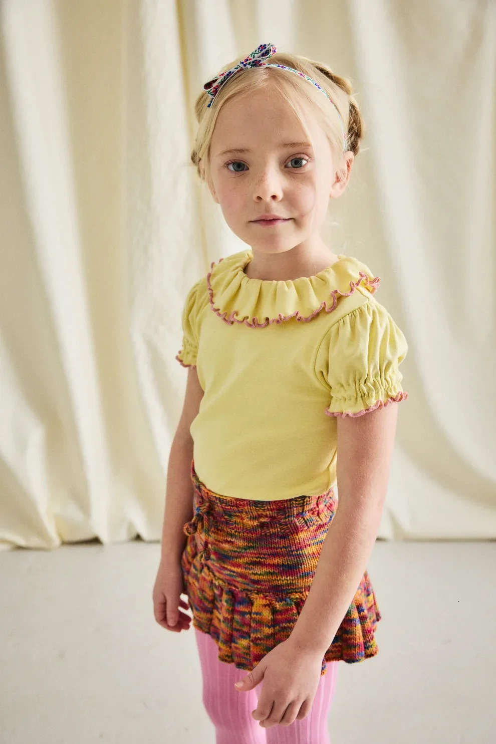Childrens T-shirt summer MP country style girl tied to bow top girl popcorn underwear 250304