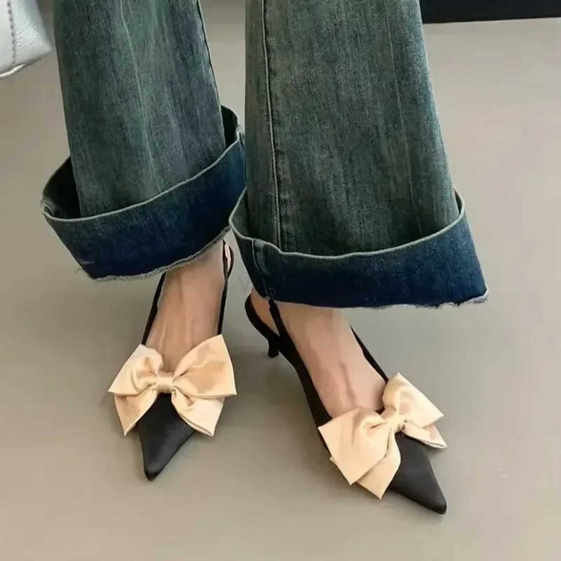 Designer Bow Slingback Sandals Wen Summer New Fi Pointed Toe High H Fem Hollow Elegant Dress Shoes Wen Pumps Z250304