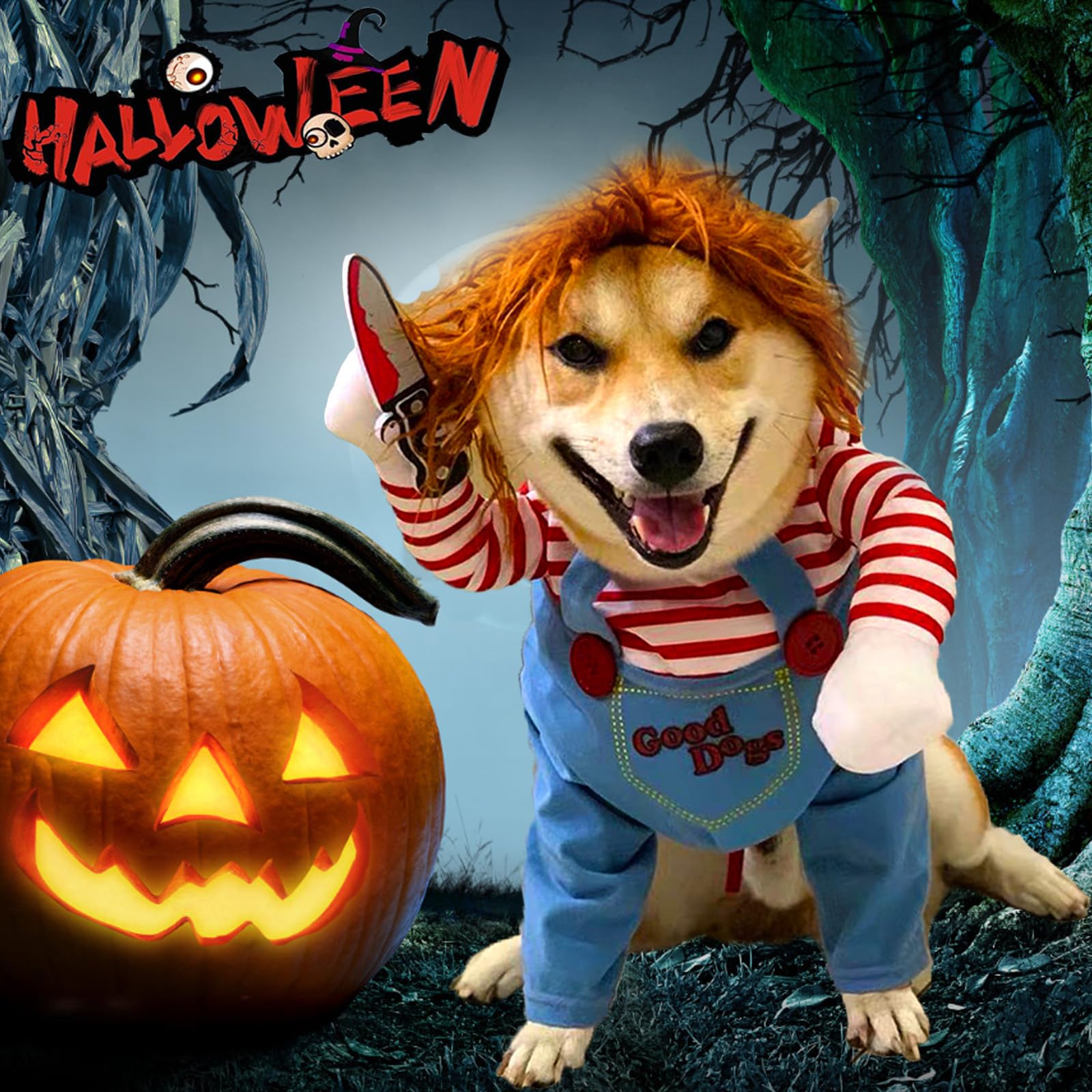 Pet Deadly Doll Dog Costume, Funny Halloween Chucky Costumes Cute Dog Clothes Party Cosplay Costume for Small Medium Large Dogs Cats Puppy
