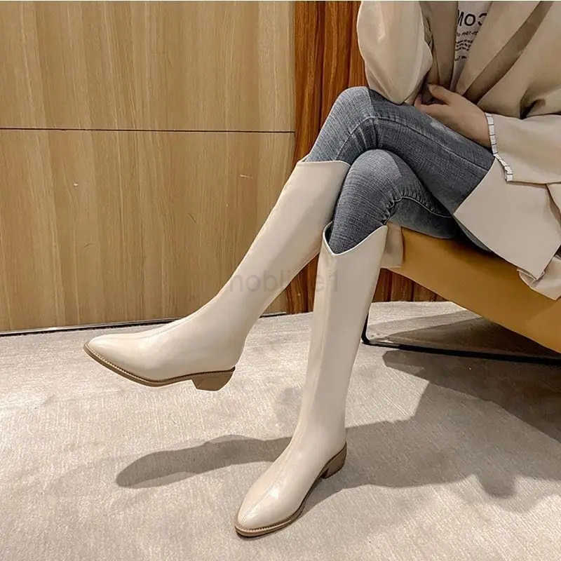 Middle Heel Knee High Shaft Shoes Wan Leather Brown Pointed Toe Long Boots for Wen Cfortable and Elegant New in Footwear Z250304