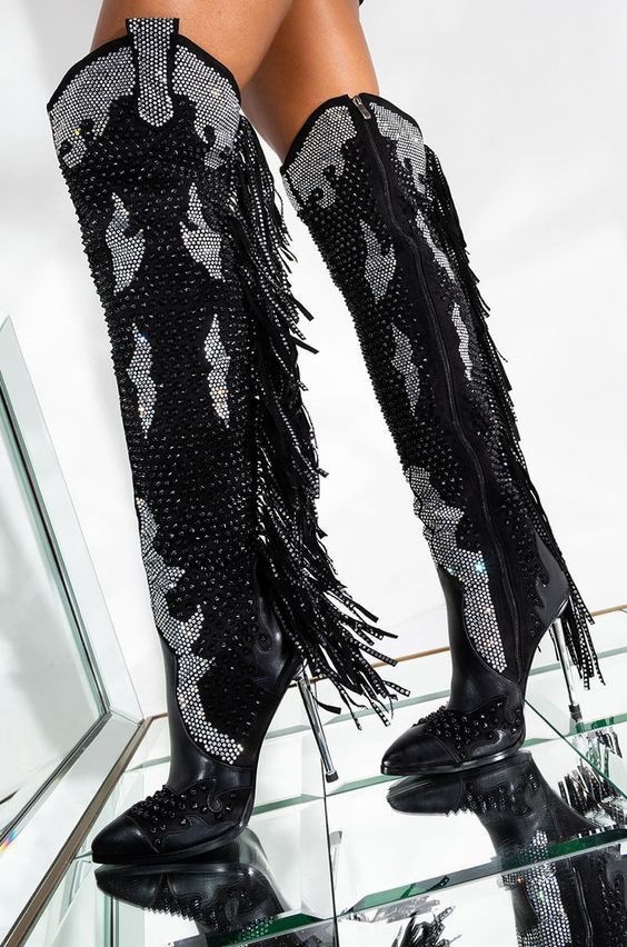 Ins Fashion Show Plated Heels Tassel Hot Diamond Bgbg Over Knee Boots Women's Shoes