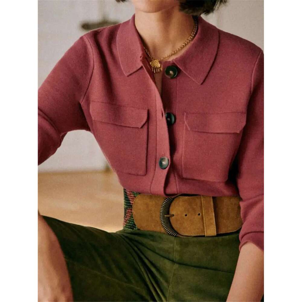 Women's Clothing Turn-Down Collar Knit Jacket Early Spring Lady Slim Single Breasted Temperament Multi-Pocket Sweater Coat Top