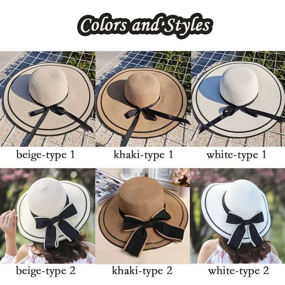 Portable Wide Brim Str Hat Casual Summer Ribbon Bow Tie Str C Travel Large Brim Beach Hat WomenXJ250304