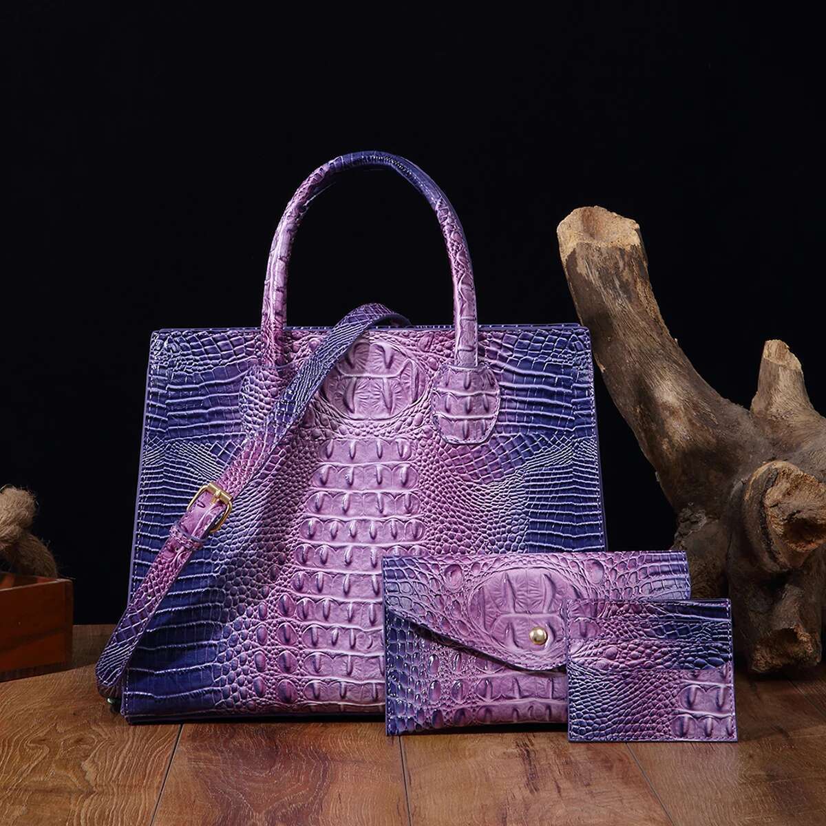 3 Pcs Crocodile Pattern Handbag Purses Set, Multi-Functional Vintage Top Handle Crossbody Business Clutch Bag & Card Coi