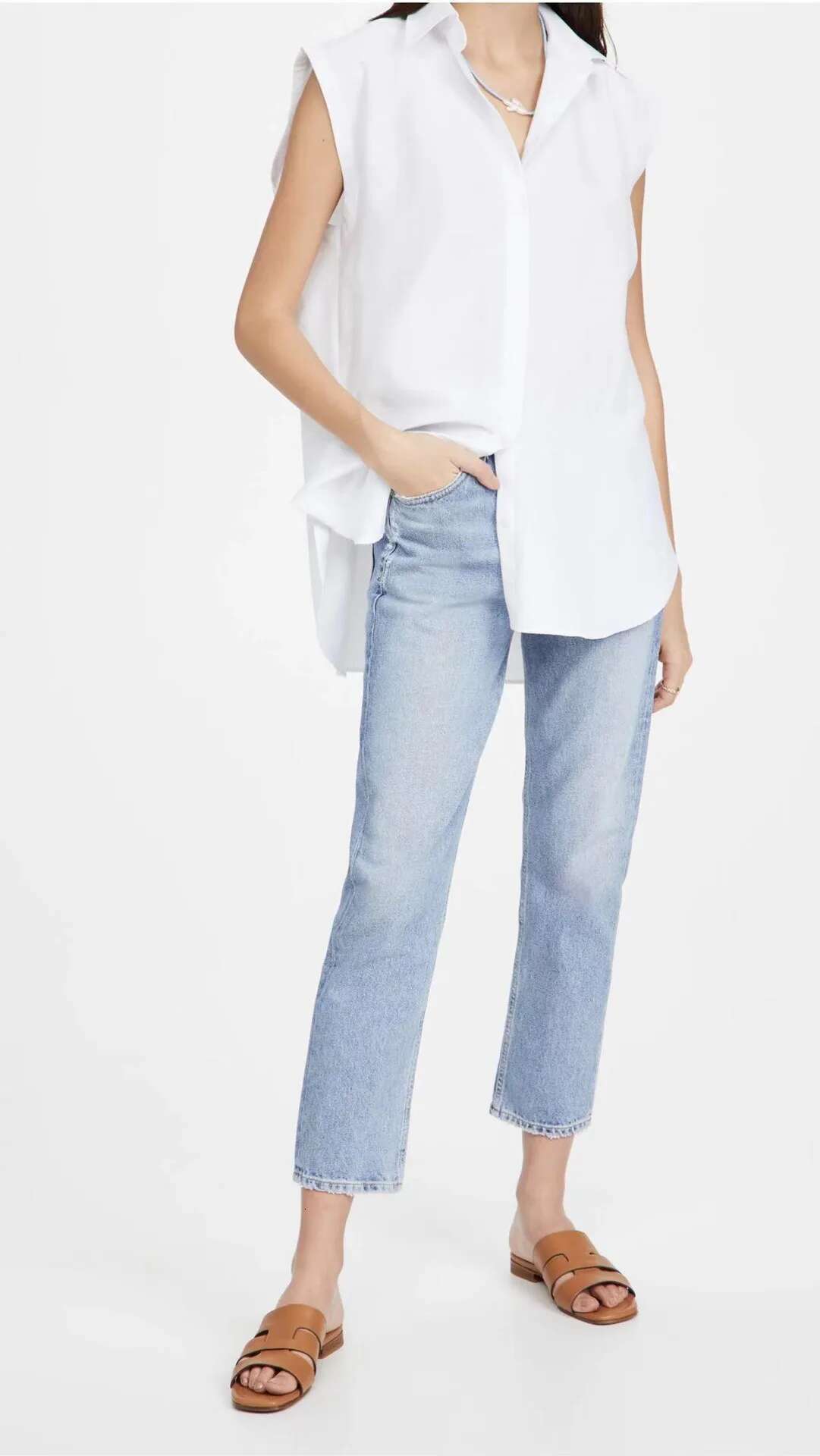 Women Fashion High Waist Light Blue Denim Pants Boyfriend Style Casual Straight Jeans