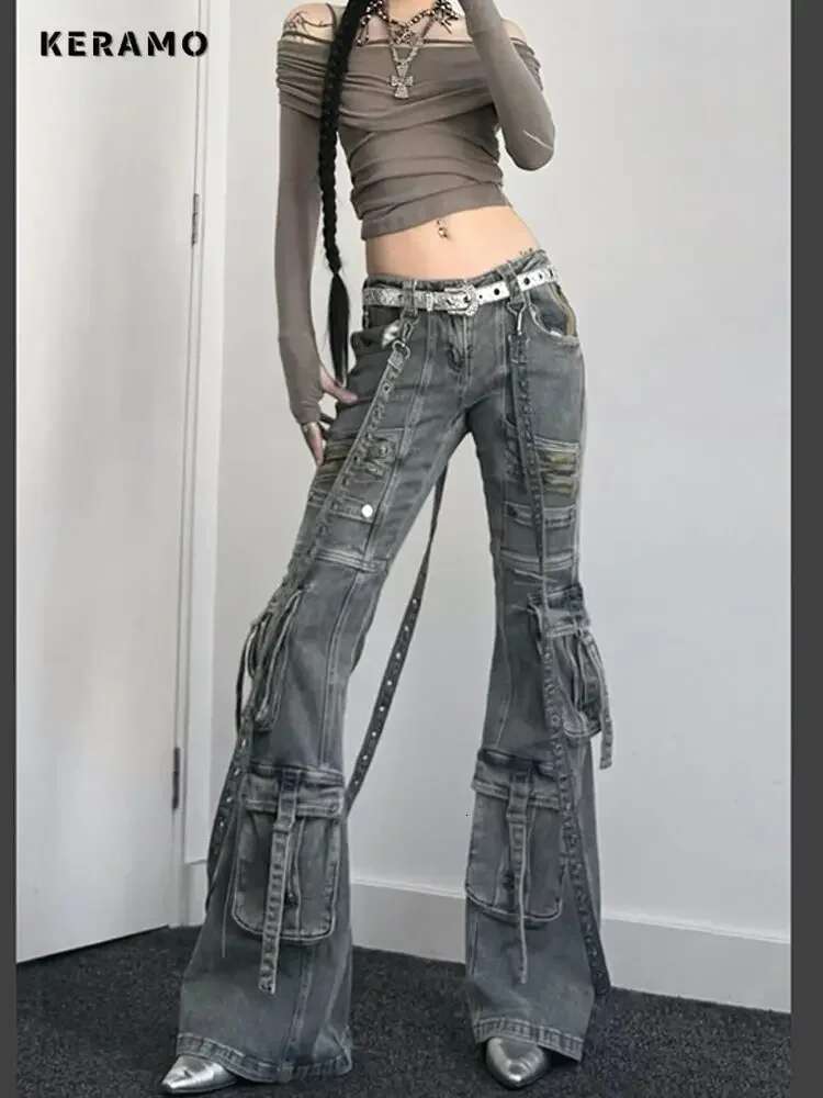 Women's Y2k Slim Fit Lace-Up Denim Trouser Washed Vintage Classic Emo Casual Pants Grunge Street Retro High Waist Pockets Jeans