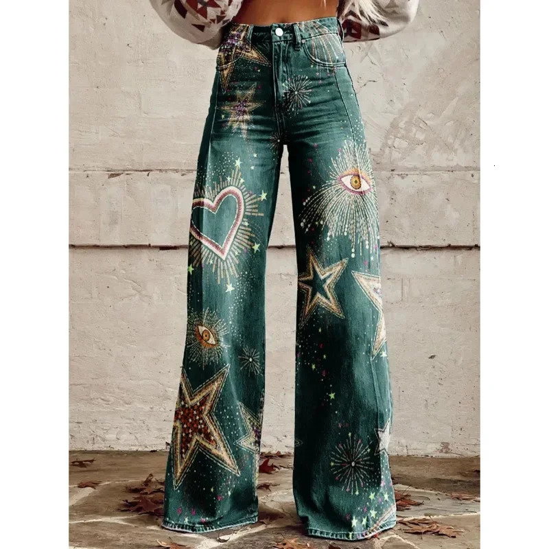 Trendy Retro Plus Size 3D Print Pants Women Autumn Fashion Casual Comfortable Imitation Jeans Wide Leg Baggy Jeans Y2k Pants 250303