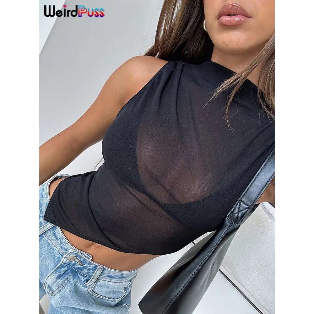 Tank nibber Irregular Tops Women See Through 2025 Summer Trend Sleeveless Skinny Coquette Hipster Sexy Wild Streetwear Vest