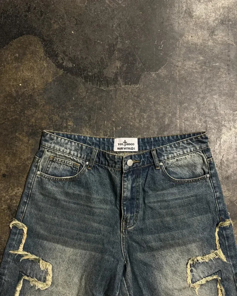 Street washed geometric cross embroidery raw edge high quality baggy denim shorts for womens y2k summer simple sports pants 250303