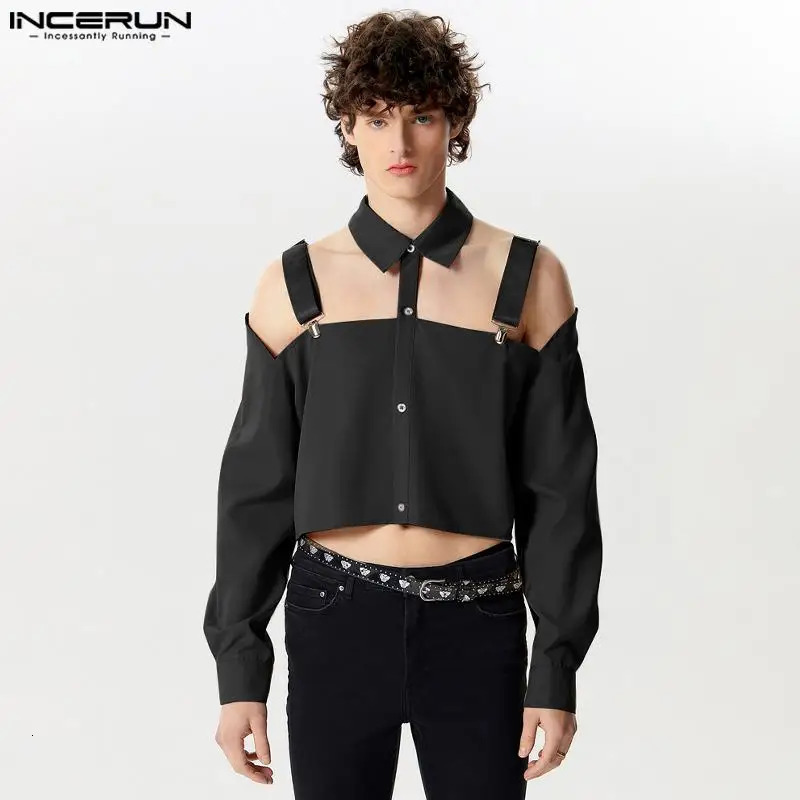 Mens Shirt Hollow Out Lapel Long Sleeve Button Male Crop Tops Sexy Solid Color Streetwear Fashion Casual Camisas INCERUN 250304