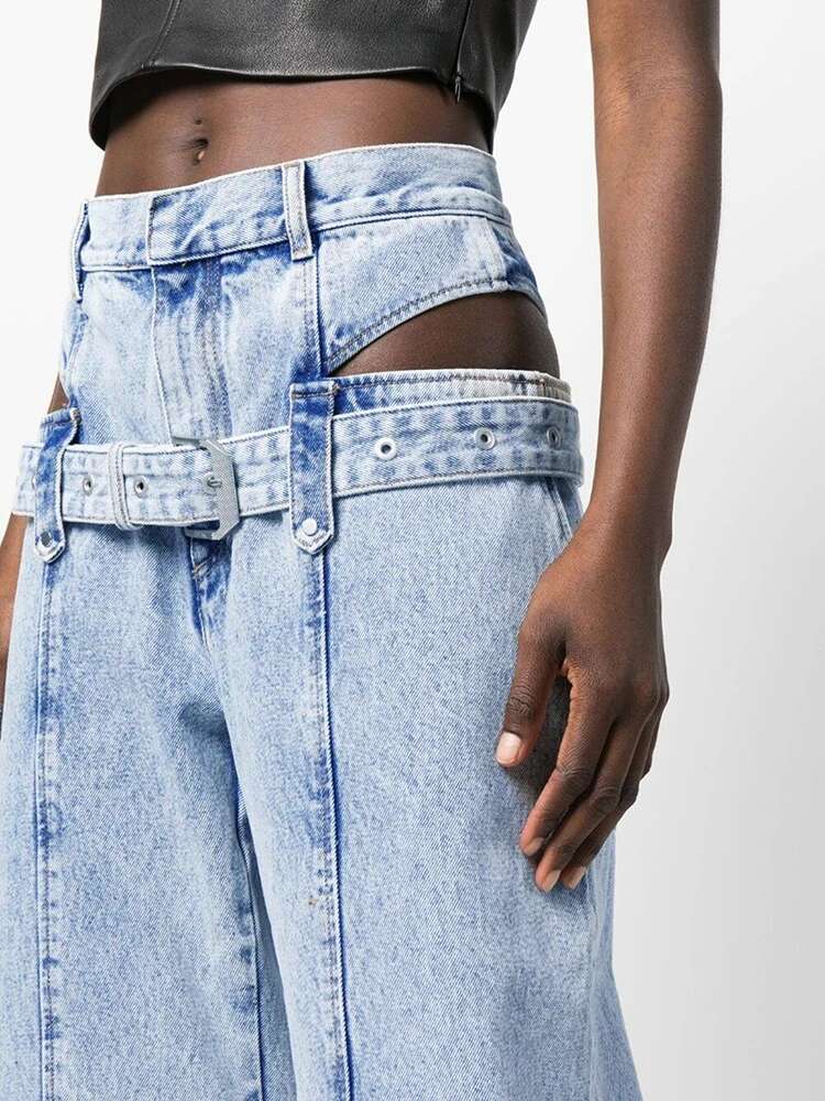TWOTWINSTYLE Hollow Out Patchwork Belt Denim Pant For Women High Waist Spliced Button Streetwear Straight Jeans Female Fashion