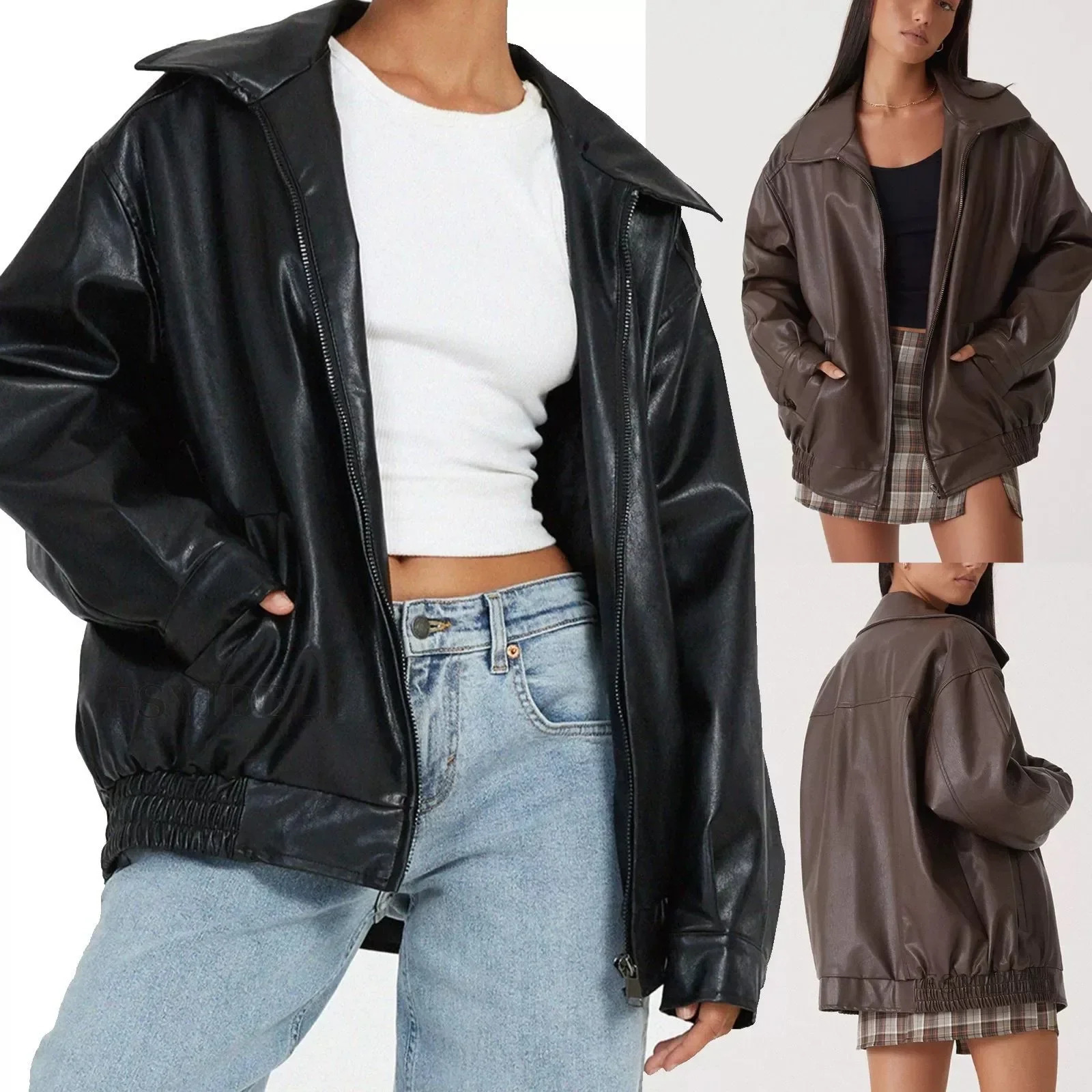 Womens autumn and winter PU leather jacket loose zipper long sleeved solid color fashion 250226