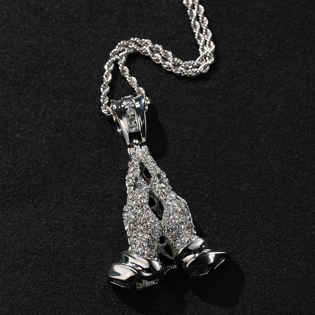 Classic Praying Hands Pendant Necklace Earrings 5A Zircon Boy Men Religion Jewelry