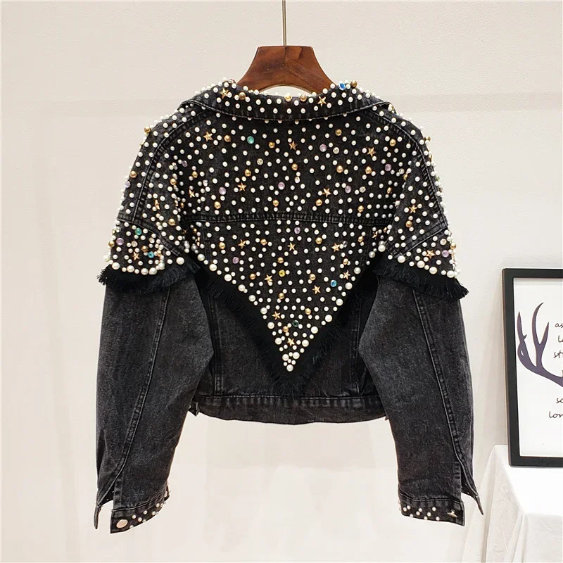 Women Spring Autumn Streetwear Denim Jacket Handstudded Pearls Punk Tassel Vests Femme Loose Short Jeans Coats 250303