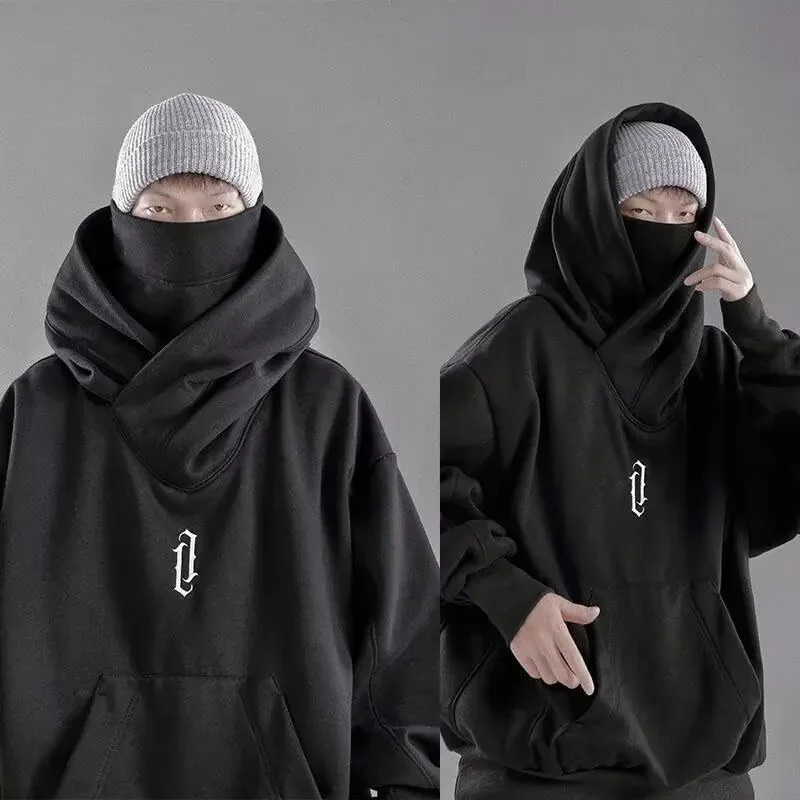 Embroidery Turtleneck Sweatshirt For Men Japanese Ninja Hoodies Autumn Hip Hop Fleece Pocket Streetwear Oversized Y2K Hoody 250304