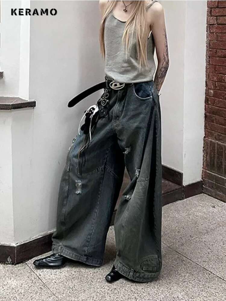 American Retro Oversized High Waist Jeans For Women Casual Grunge Baggy Pocket Y2k Pants Wide Leg Streetwear Solid Denim Trouser