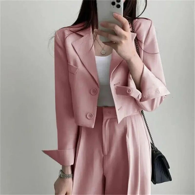 Summer Short Top Jacket Wide Leg Pants Two Piece Elegant Womens Office Casual Set 250225