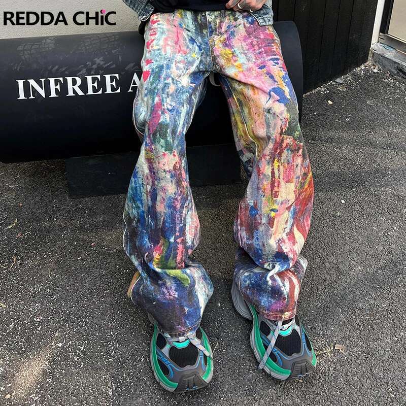 REDDACHIC Colorful Graffiti Baggy Jeans Men Wash Do Old High Waist Loose Straight Wide Leg Denim Pants Casual Vintage Streetwear