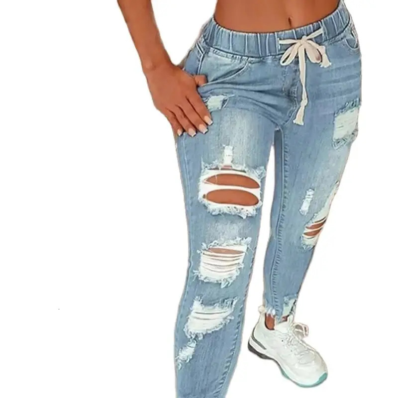 Fashion Vintage Blue Ripped Jean Elastic Waist Drawstring Pencil Denim Jeans Office Lady Holes High Trousers 30671 250227
