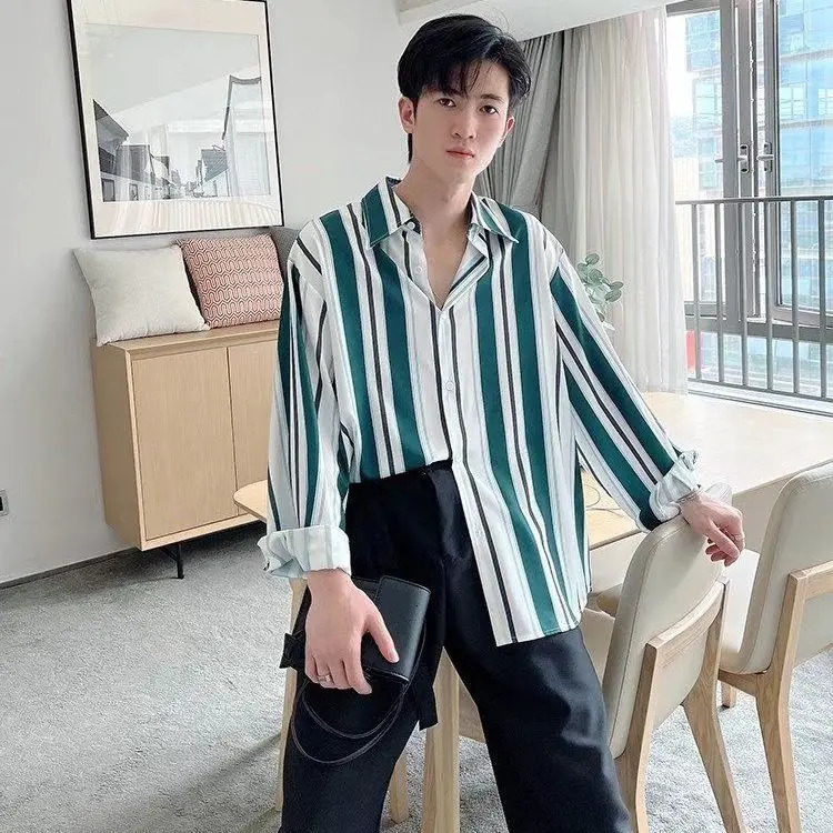 Green Striped Shirt Men Long-sleeved Trendy Handsome Printed Cardigan Without Ironing Loose Spring and Autumn Jacket 250227