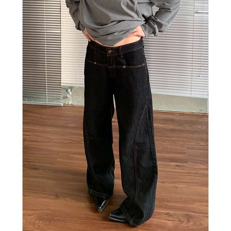 2024 Blue Women Jeans High Waist Vintage Straight Baggy Pants Streetwear Y2k American Style Fashion Wide Leg Denim Trouser