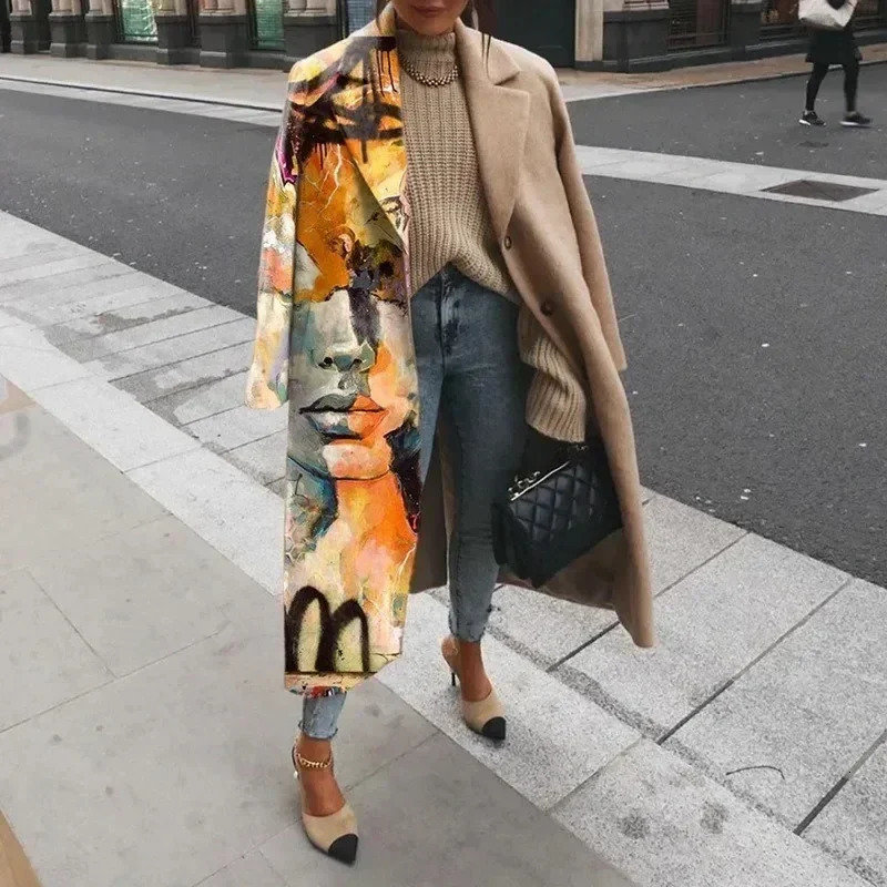 Long Sleeve Lapel Collar Print Loose Jacket Trench Outwear Tweed Elegant Women Coat Autumn Winter Y2K Clothes 250225