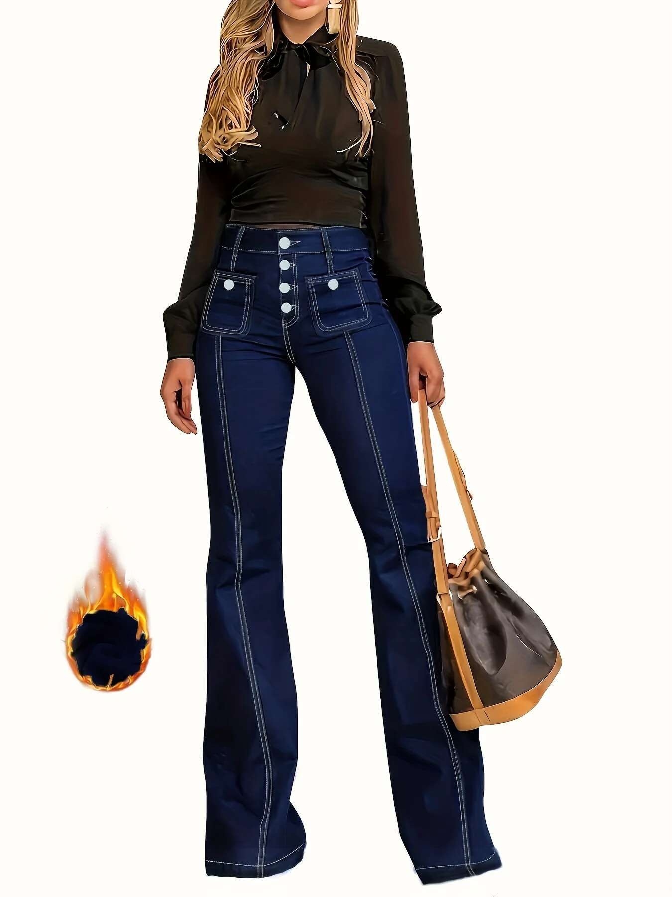 Single-Breasted Plush Ed Pintuck High Rise Stretchy Flare Leg Bell Bottom Jeans, Pants, Women's Denim Jeans & Clothing