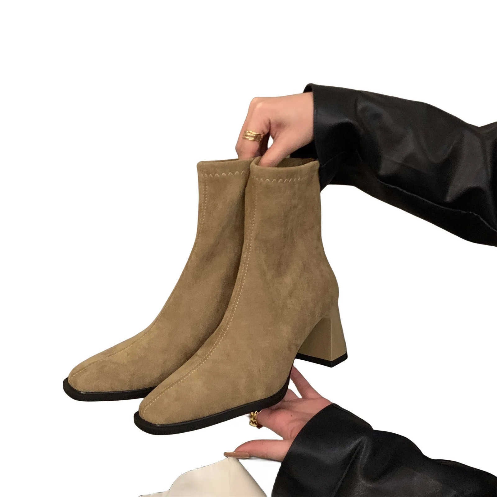 High Heel Korean Small Ankle Boots Suede Riding Boots Wens Shoes 2024 New Autumn and Winter Square Thin Short Boots Z250304