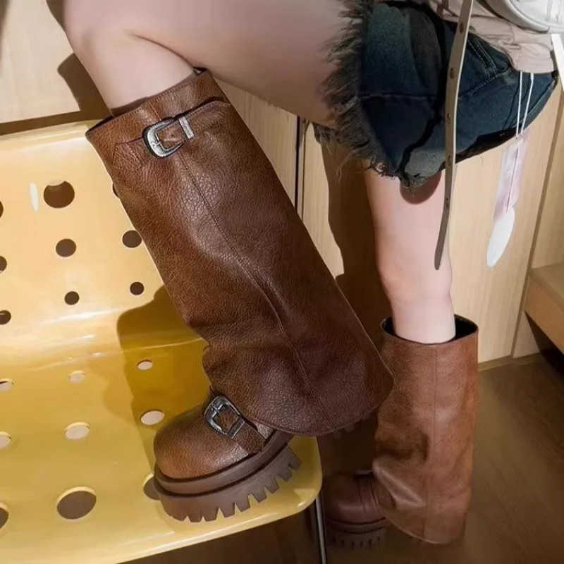 Platform Chunky Wen High Boots Fad Buckle Leather Mid H Shoes 2025 Trend Designer Knee High Mortorcycle Winter Botas Mujer Z250304