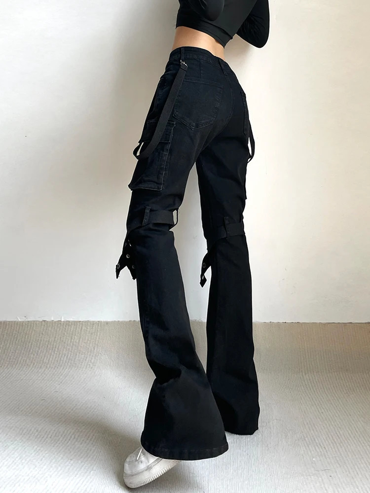 IAMSURE Punk Style Big Pockets Jeans Gothic Casual Slim LowWaisted Flare Pant 2025 Spring Autumn Streetwear Lady 250227