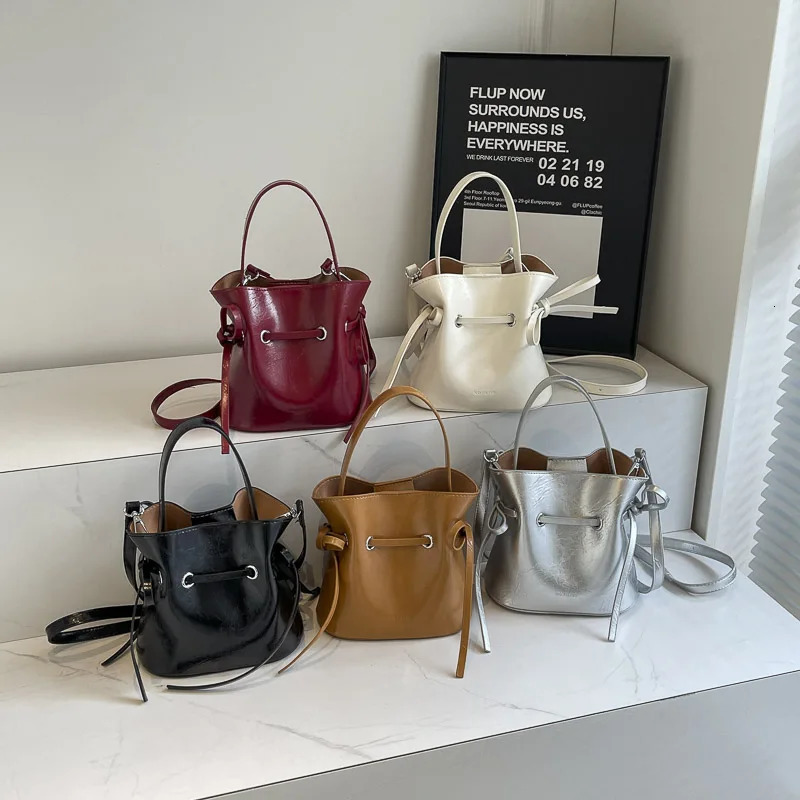 LEFTSIDE Mini PU Leather Tie Rod Cross body Bag Womens Fashion Womens Bucket Bag Womens Shoulder Bag Silver Handbag 250303