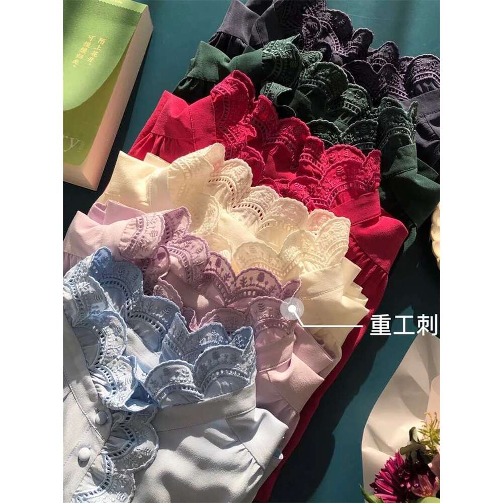 Women Lace Embroidery Collar 100% Silk Shirt Single-Breasted Top Long-Sleeved Lady Elegant Blouse Summer New