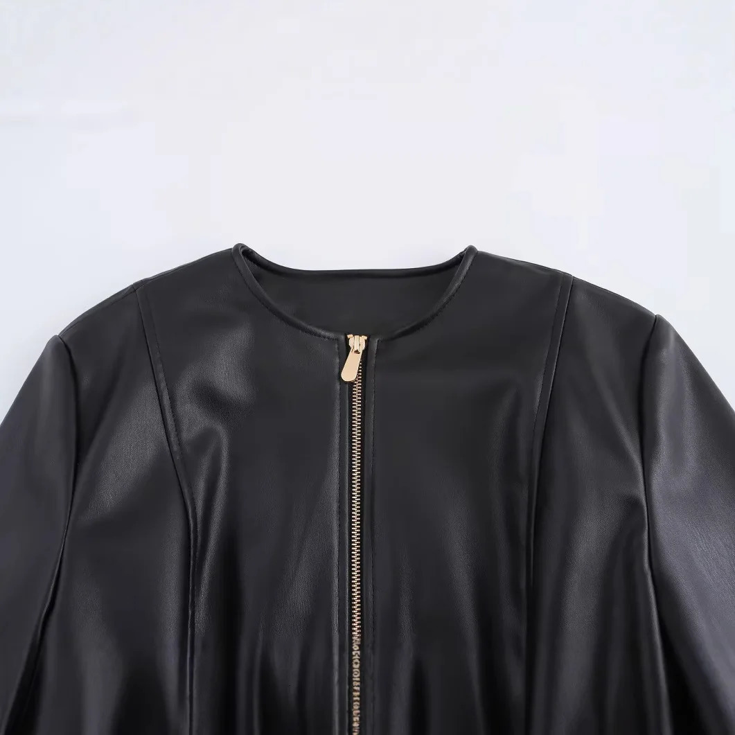ZBZA Womens Leather Ruffle Jacket Round Neck Long Sleeve Front Zipper Thin Belt Top Spring Summer Chic Outerwear 250226